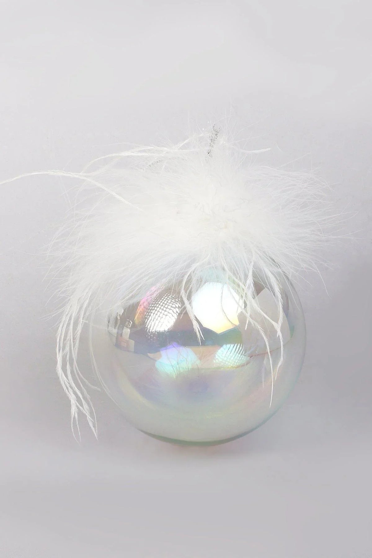 Pearlescent Glass Christmas Baubles with White Feather Detail — alternate view, G Decor