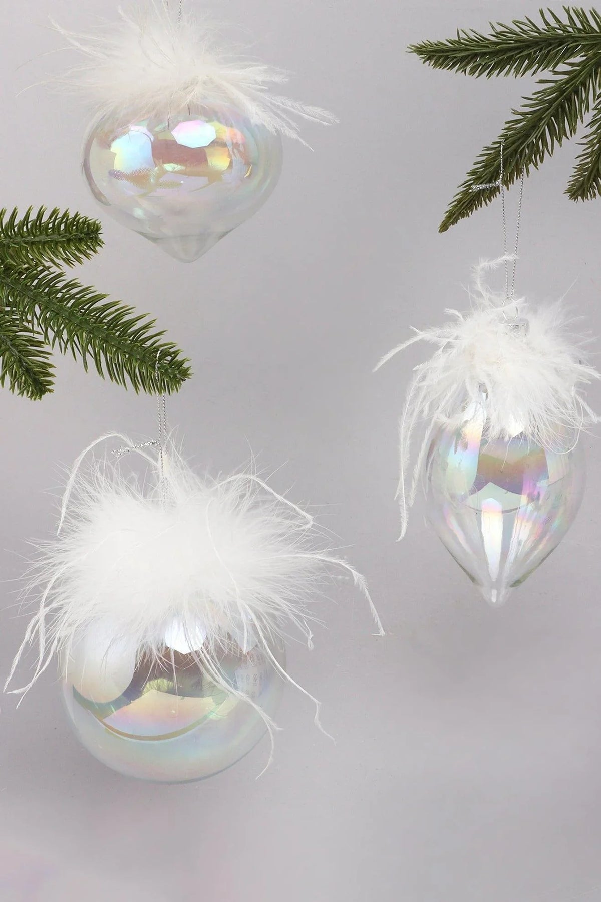 Pearlescent Glass Christmas Baubles with White Feather Detail — G Decor