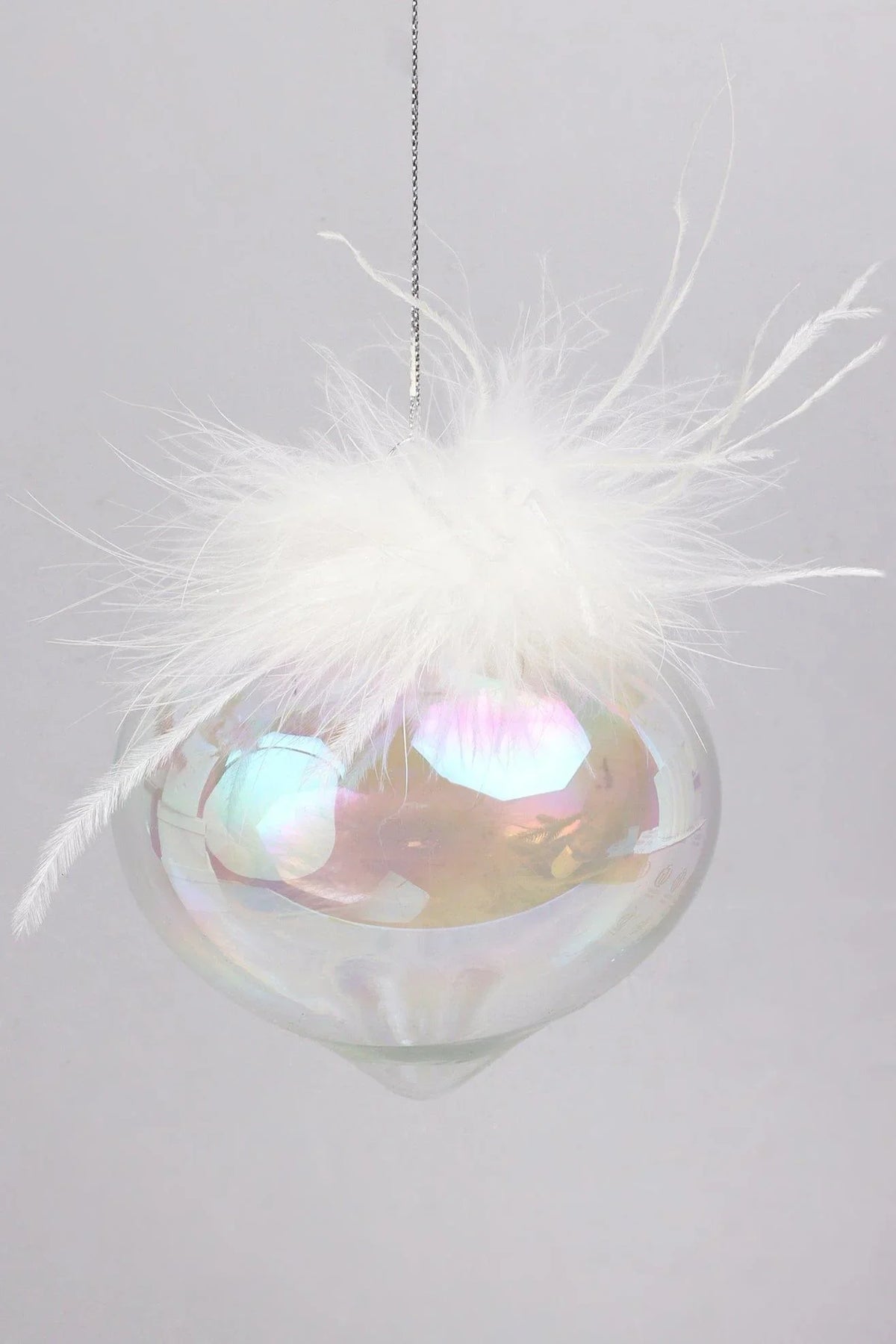 Pearlescent Glass Christmas Baubles with White Feather Detail — close-up view, G Decor
