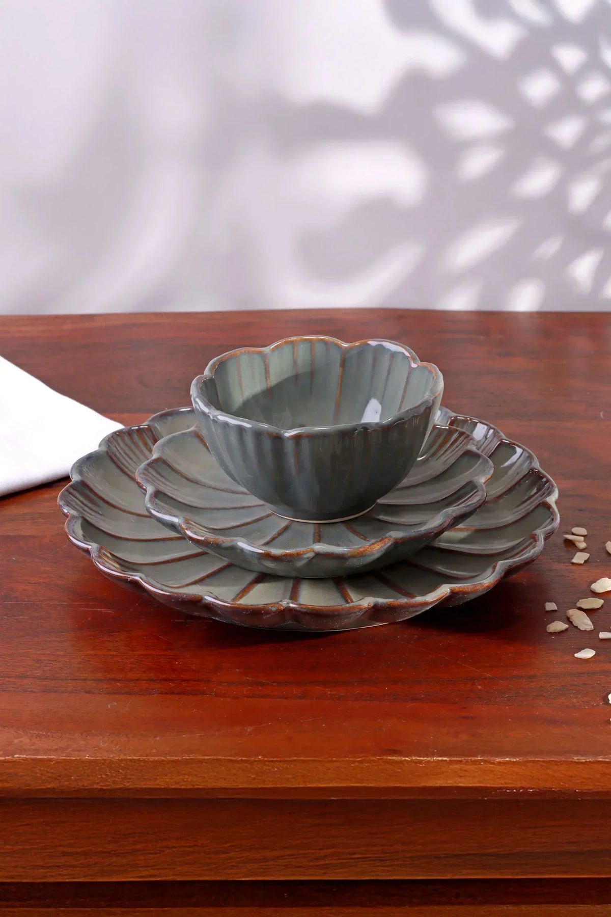 Petal Bloom Floral Carved Stoneware Plates and Bowls — lifestyle view, G Decor