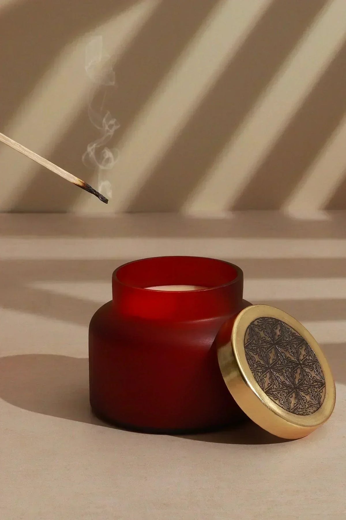 Rasa Ember Sandalwood Scented Candle in Frosted Red Glass — G Decor