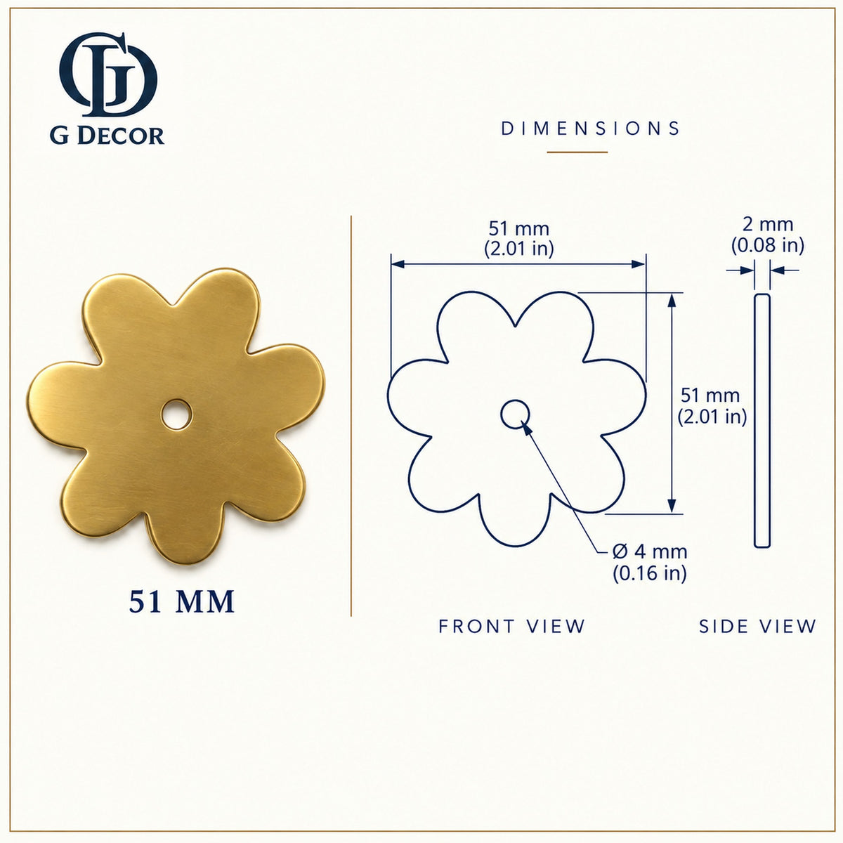 Size drawing: flower backplate 51mm in satin brass
