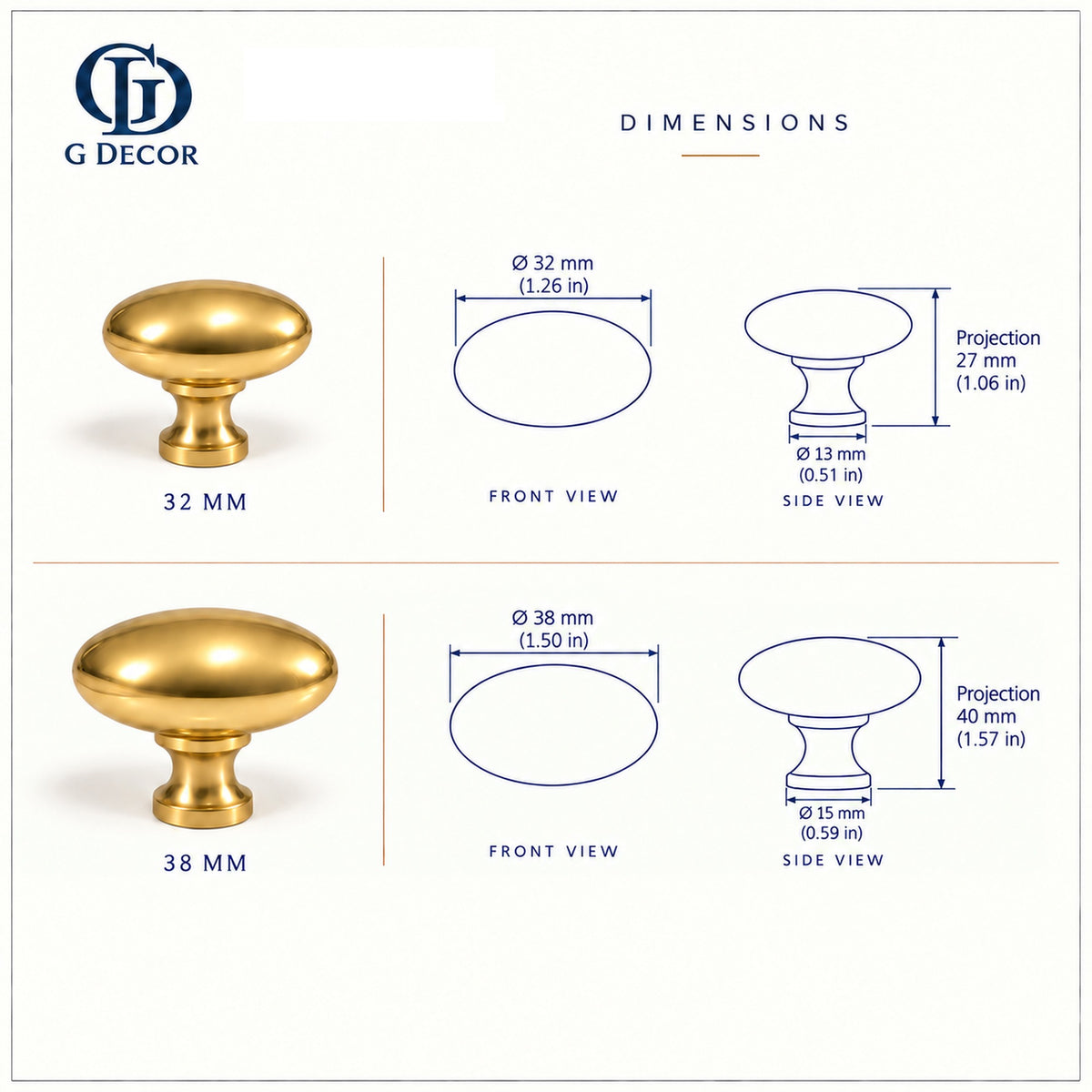 Size drawing: oval cabinet knob in satin brass