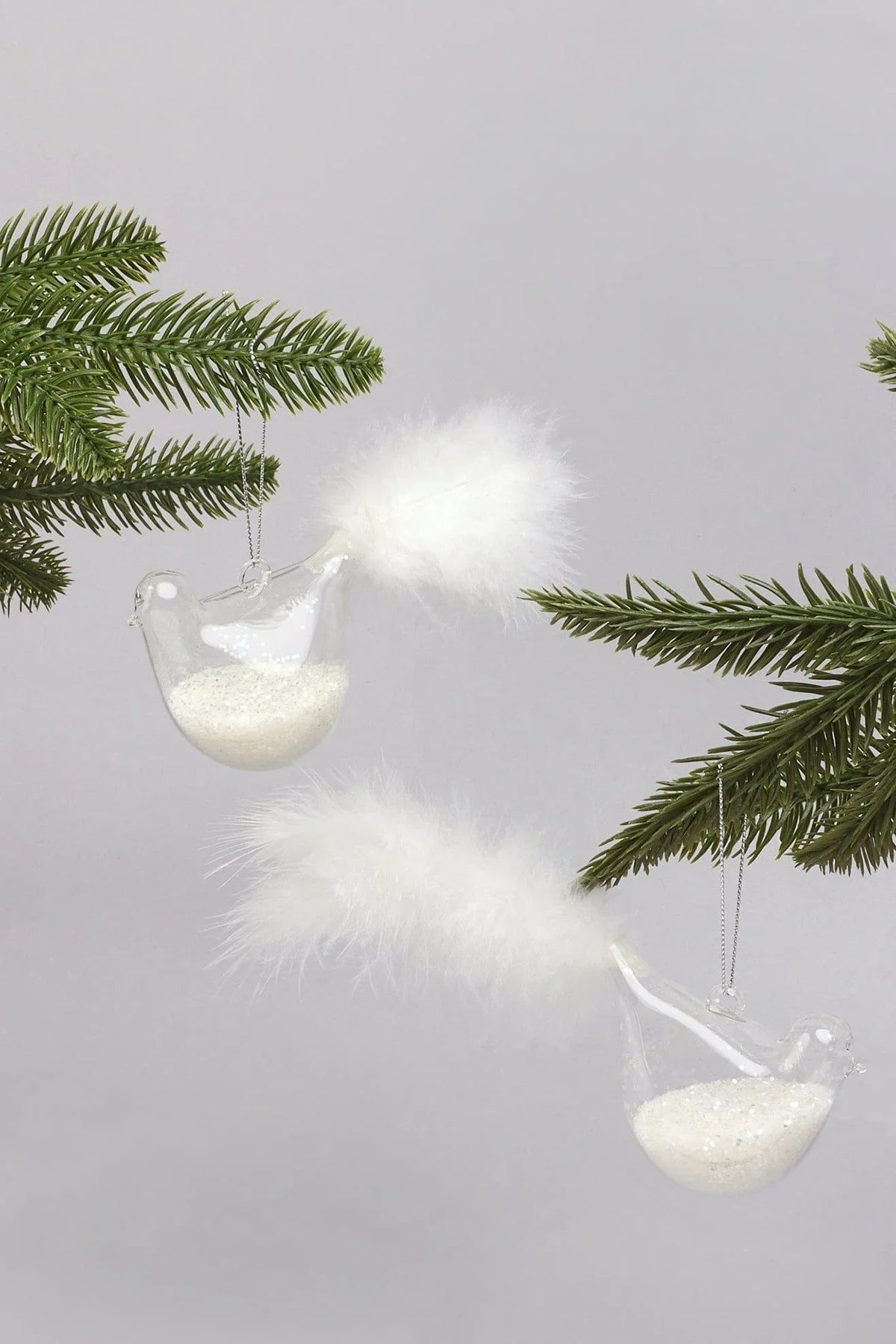 Pair of Hand-Blown Glass Doves with White Feather Tails — G Decor