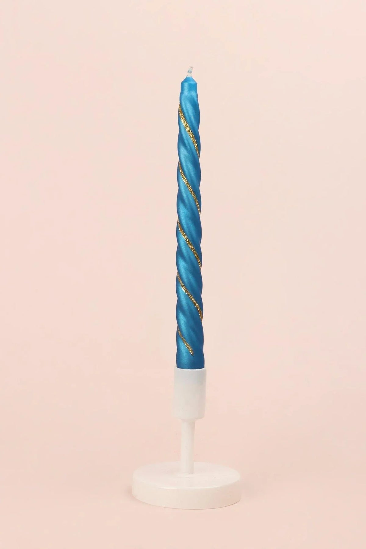 Maison Dorée Pair of Royal Blue Spiral Glitter Taper Candles — close-up view, G Decor