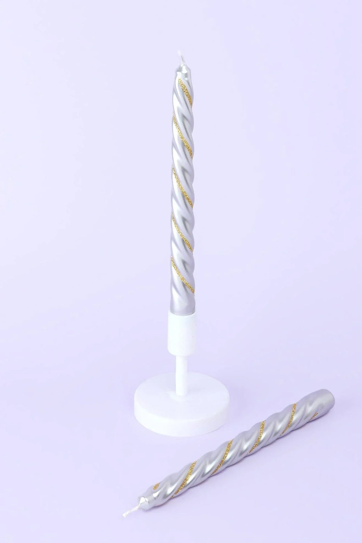 Maison Dorée Pair of Silver and Gold Spiral Glitter Taper Candles — G Decor