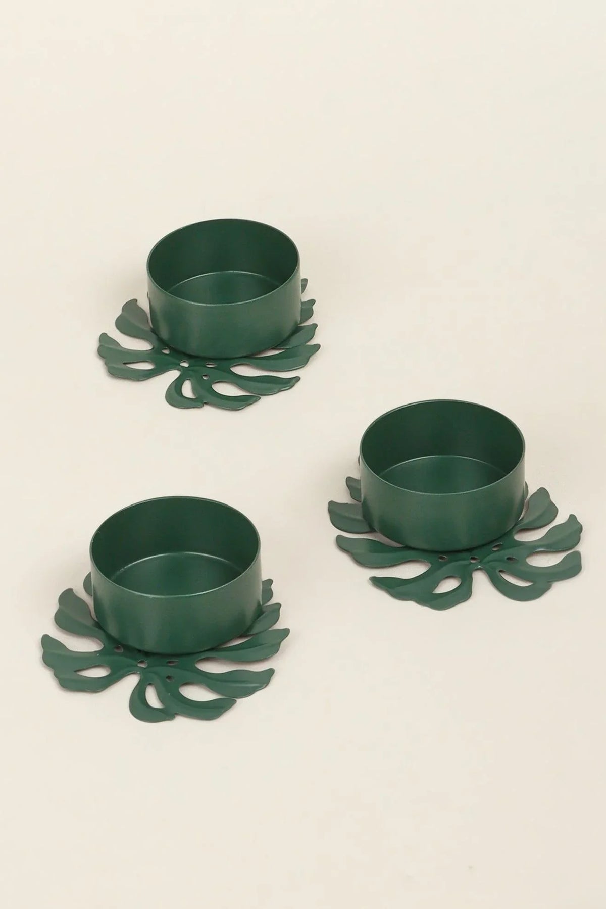 Set of 3 Green Leaf Tealight Holders in Deep Forest Green — alternate view, G Decor