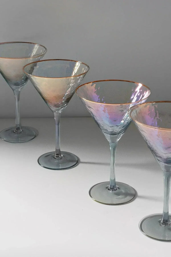 Irisierende graue Martini-Gläser mit Hammerschlag-Optik und Goldrand – 4er-Set