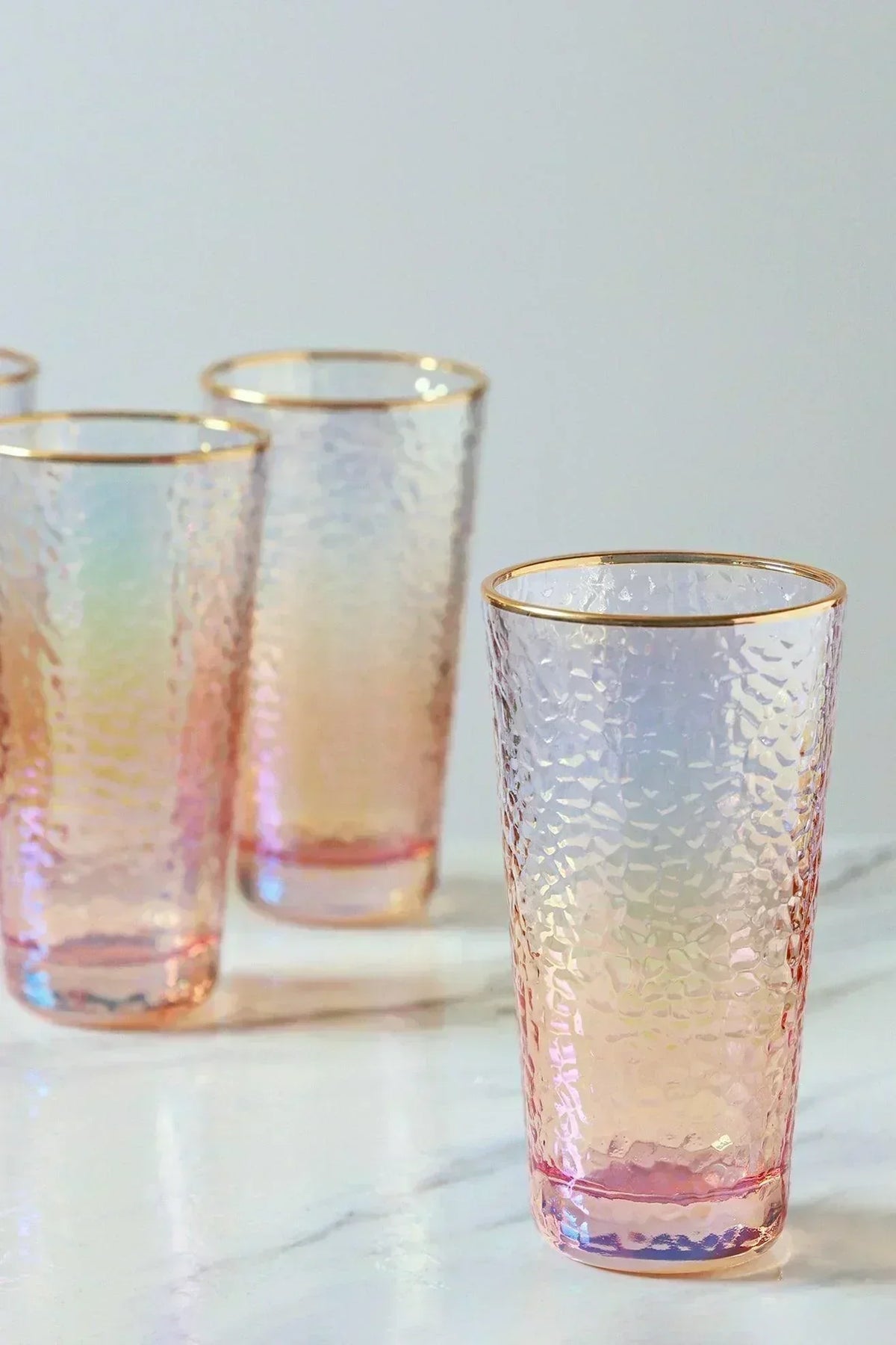 Iridescent Pearl Hammered Tumbler Glasses with Gold Rim Set of 4 — G Decor