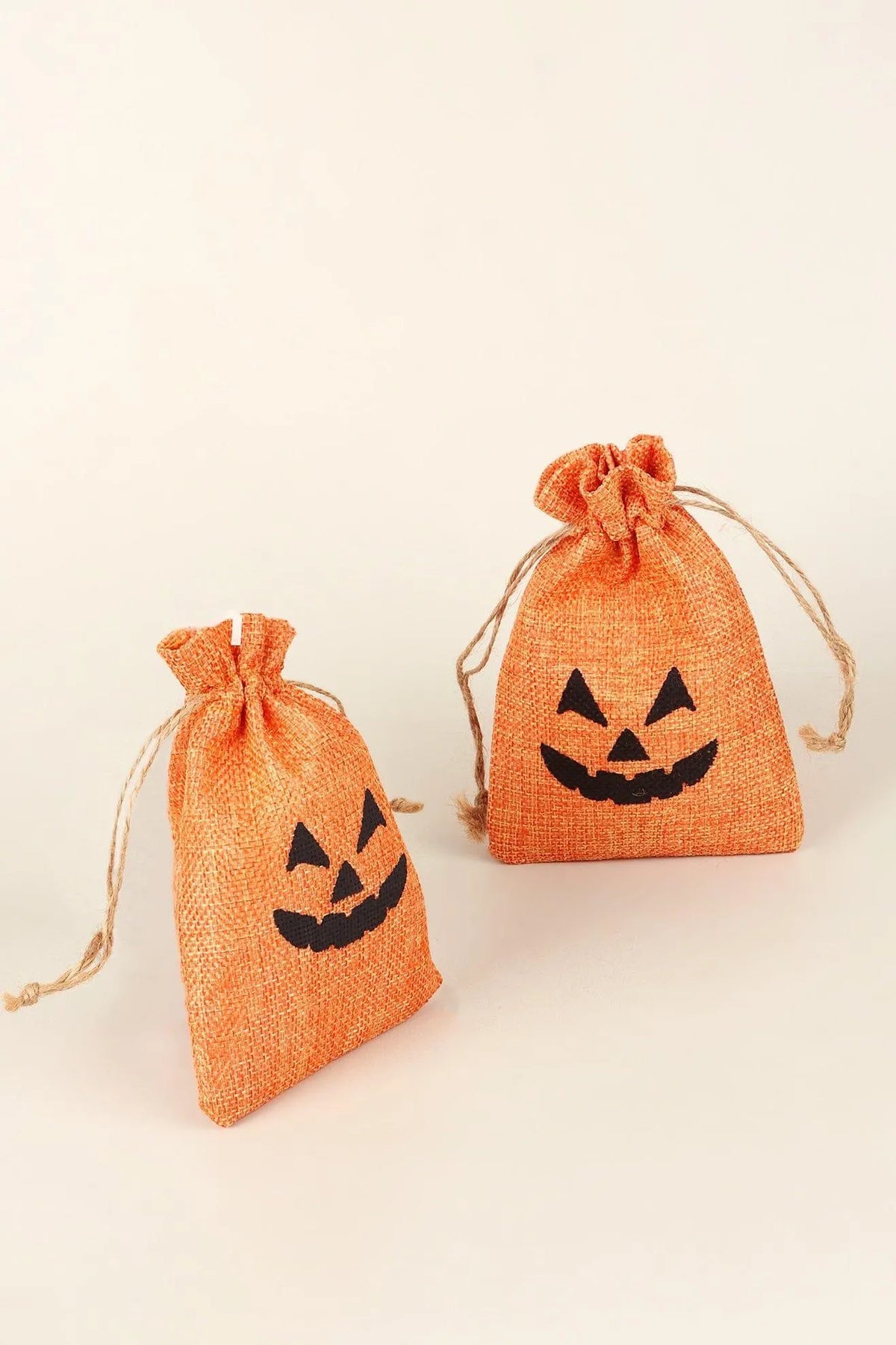 Set of 5 or 10 Jack-O-Lantern Halloween Hessian Gift Bags — close-up view, G Decor