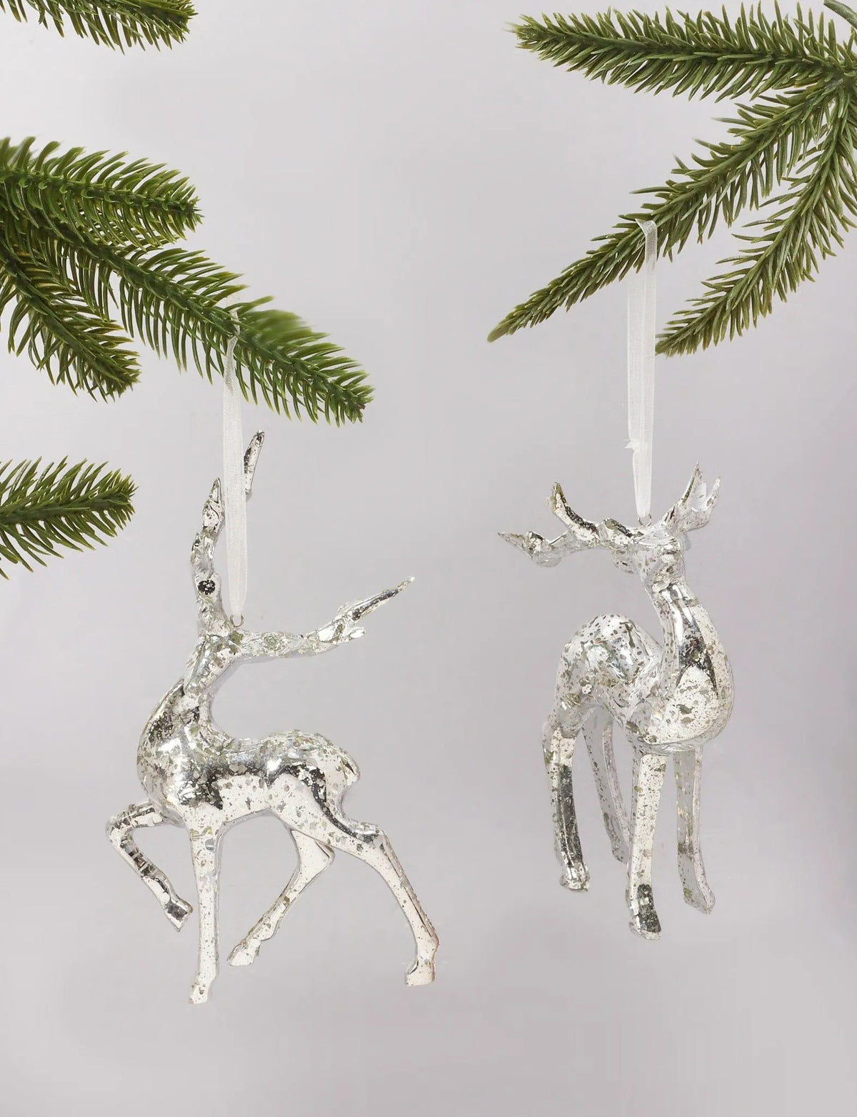 Set of two glass silver mottled reindeer Christmas tree decorations — G Decor