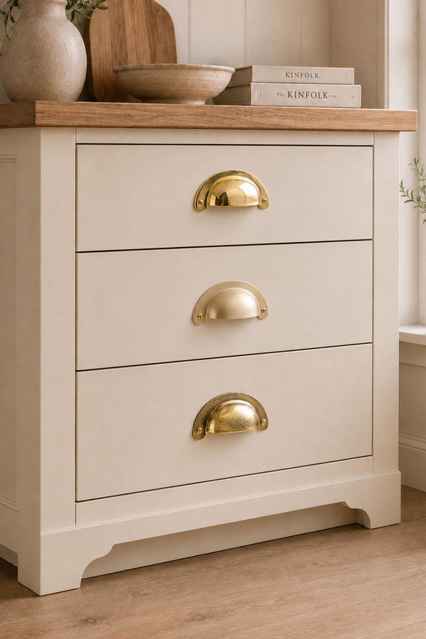 Slim Crescent Brass Cup Pull, 4 Inch Solid Brass Drawer Pull in Polished, Aged or Satin Brass, Kitchen Cupboard Cup Handle