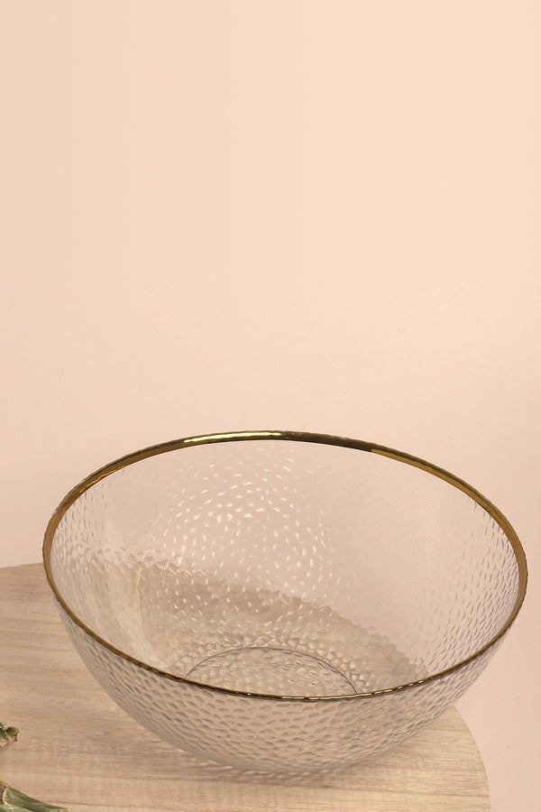 Thalia Large Hammered Glass Serving Bowl with Gold Rim