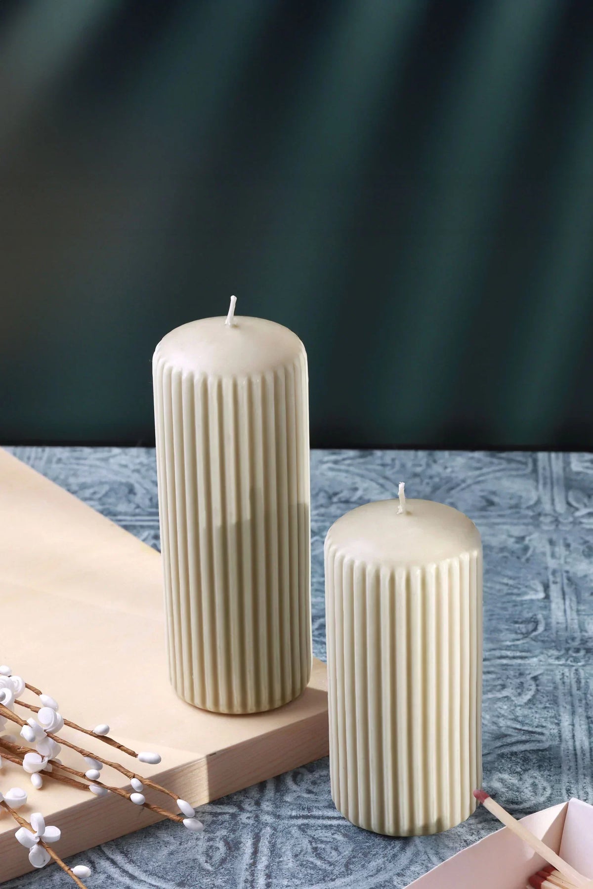 Velluto Bianco Ribbed Velvet Pillar Candle in Cream — G Decor
