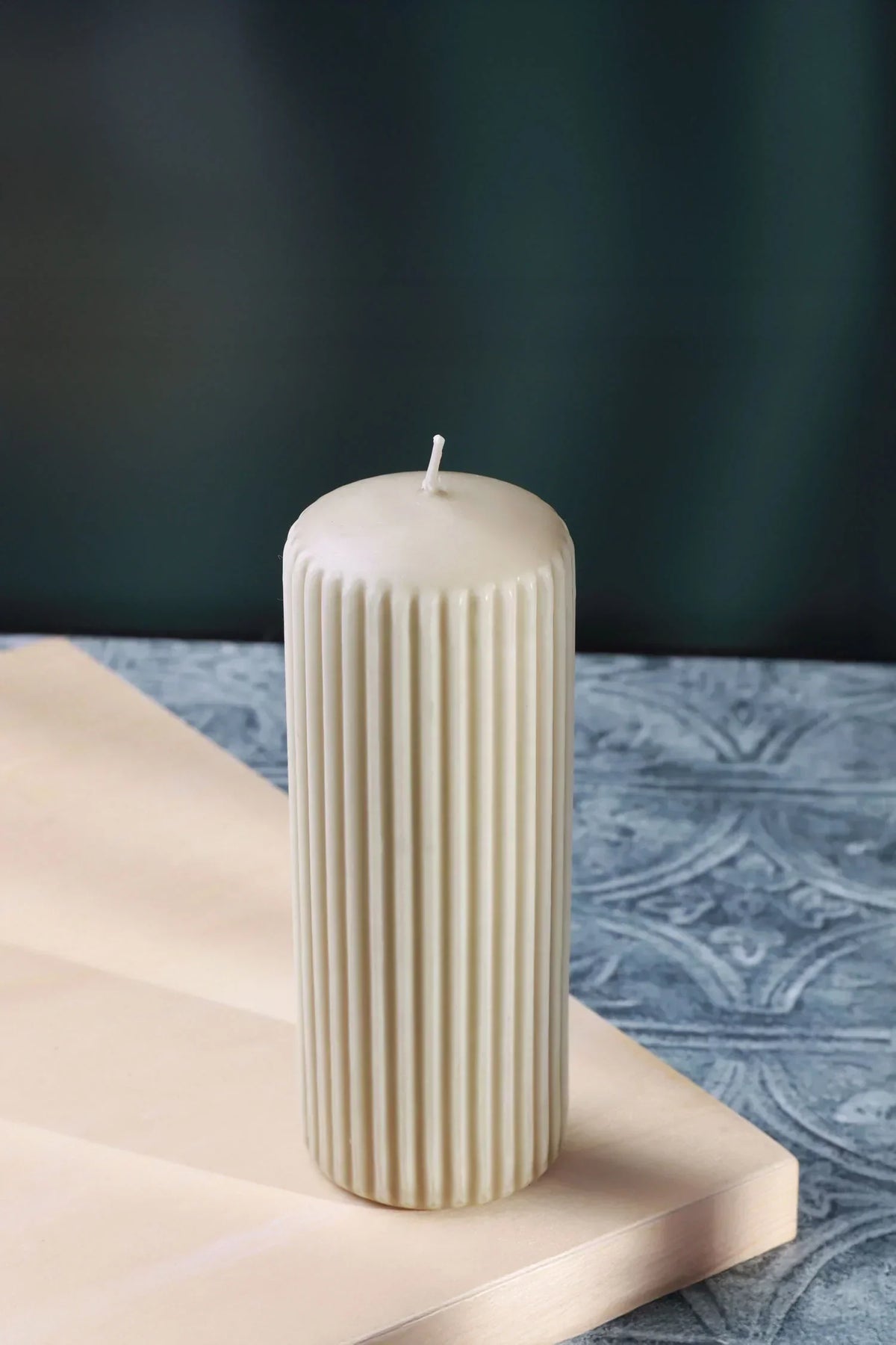Velluto Bianco Ribbed Velvet Pillar Candle in Cream — alternate view, G Decor