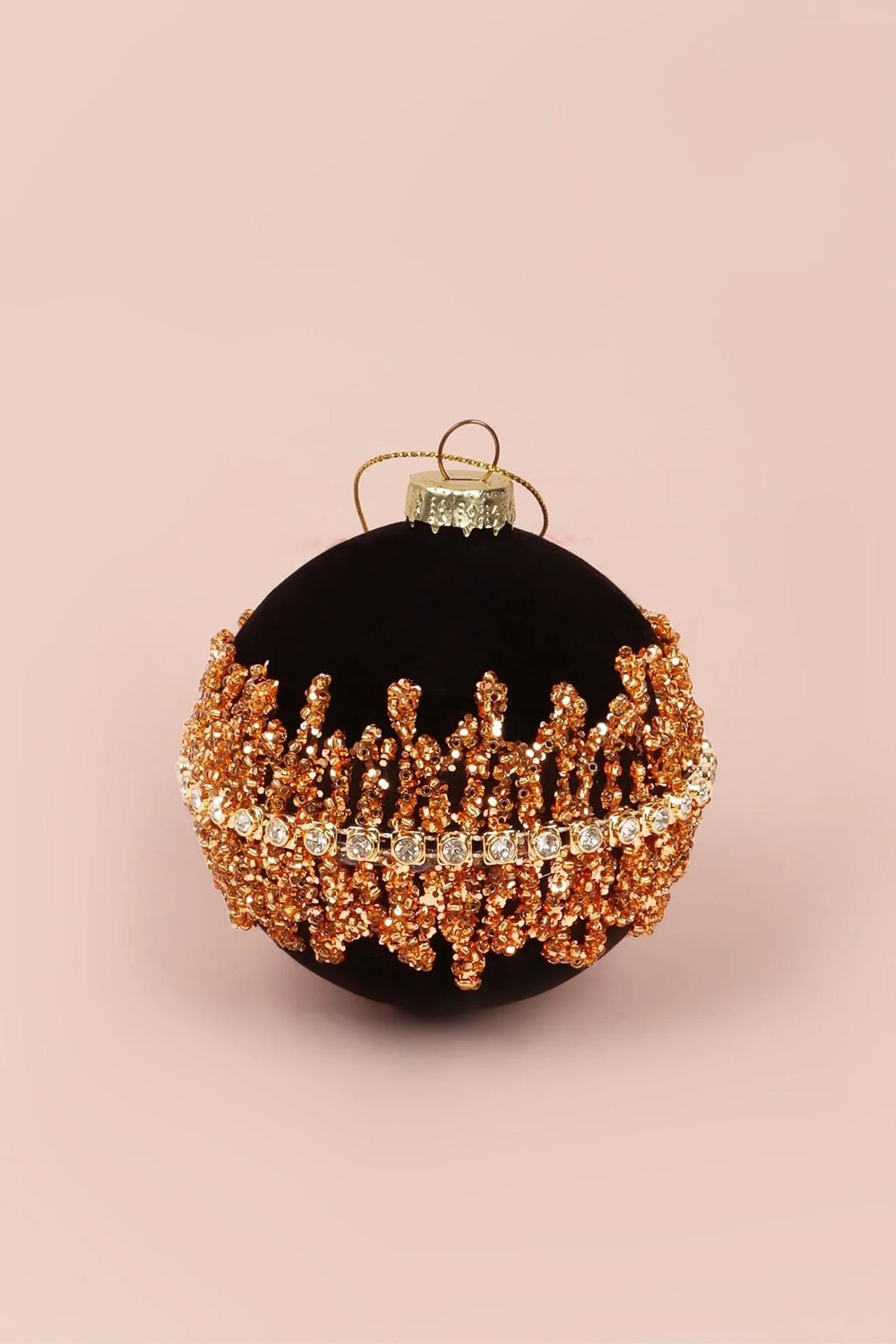 Velvet Black Manor Christmas Bauble with Hand-Applied Gold Net and Gemstones — close-up view, G Decor