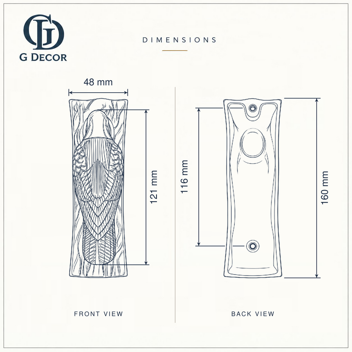 Size drawing of the brass woodpecker door knocker: back plate 160 mm (6.30 in) tall and 48 mm (1.89 in) wide; woodpecker 121 mm (4.76 in) long; screw holes 116 mm (4.57 in) apart