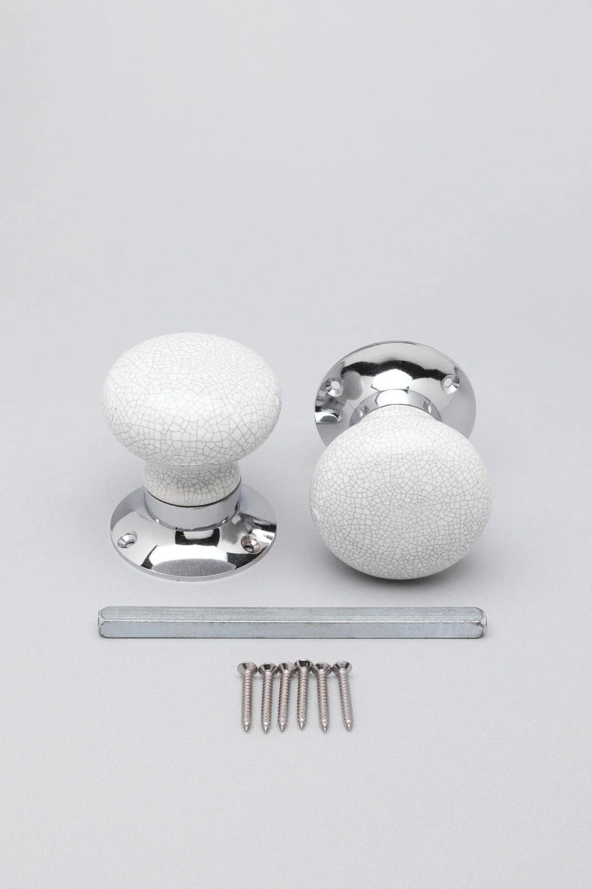 Crackle Glaze White Ceramic Mortice Door Knobs with Chrome Base — close-up view, G Decor