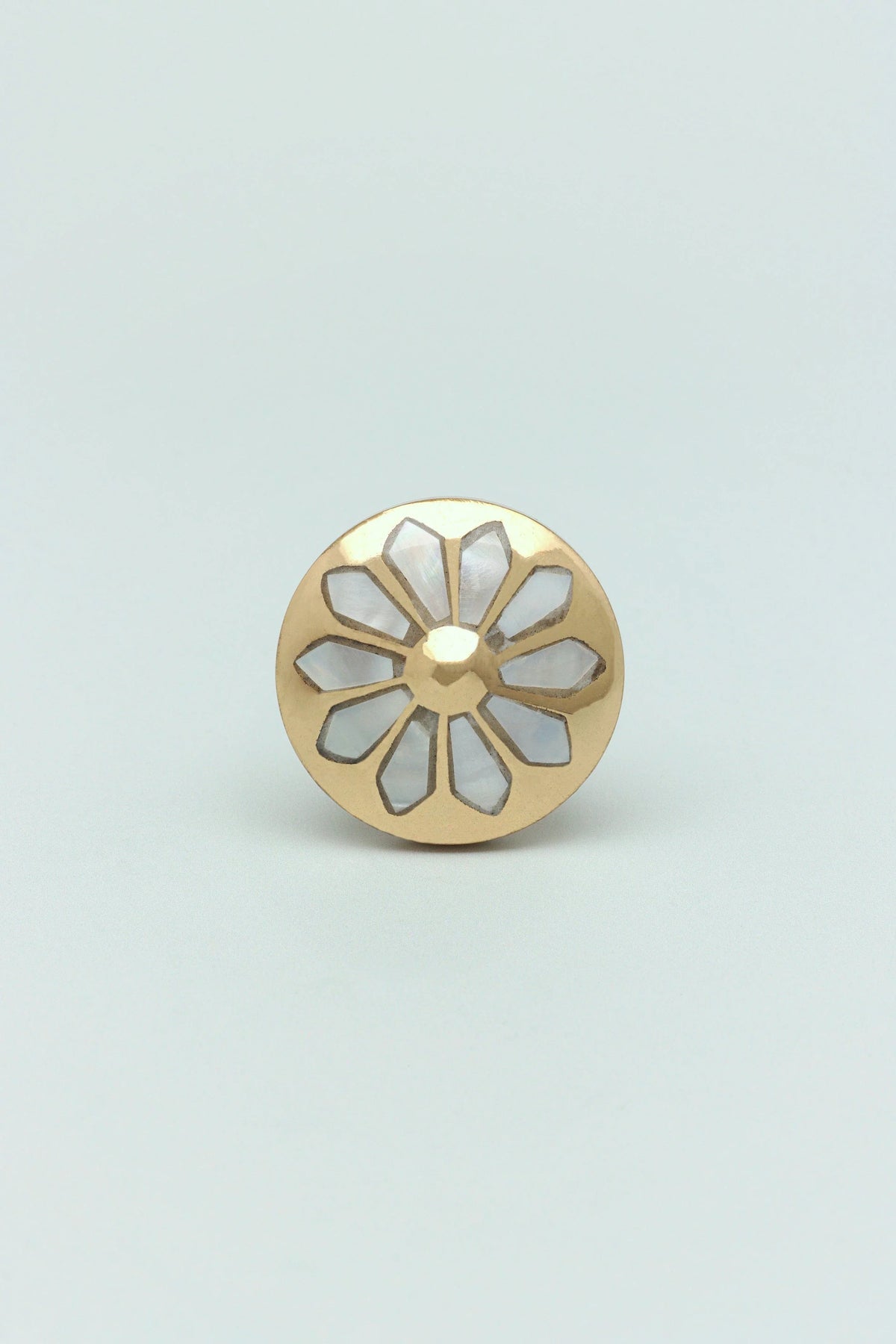 Mother-of-pearl cabinet knob with polished brass detail close-up — G Decor