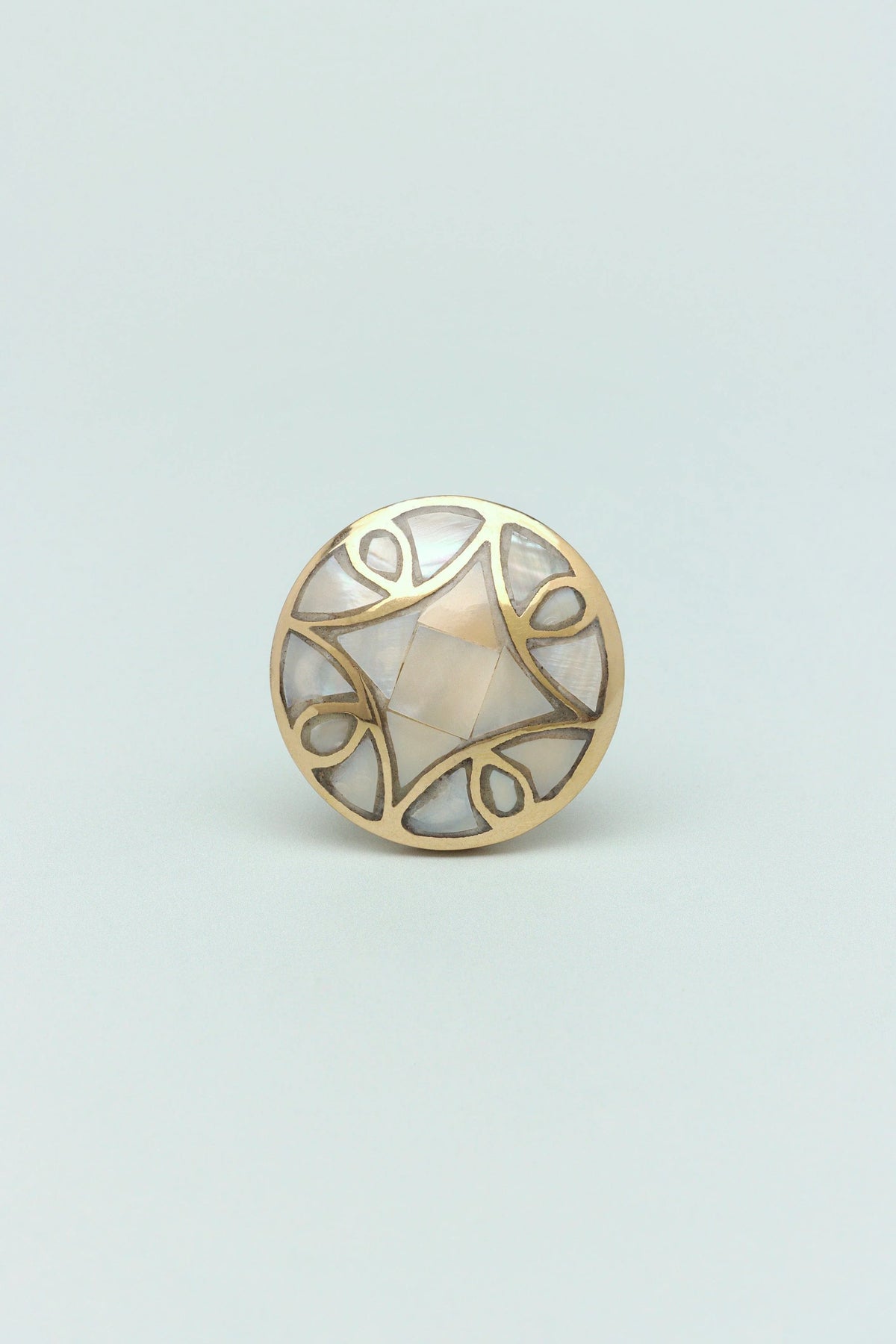 Elizabeth Mother of Pearl Majestic Cabinet Knob in Polished Brass — lifestyle view, G Decor
