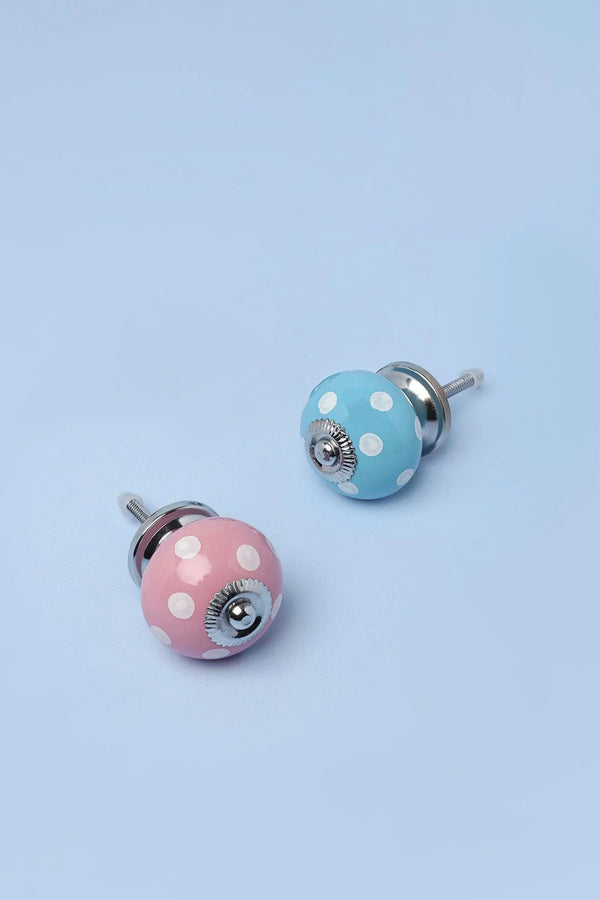 Hand-Painted Polka Dot Ceramic Cabinet Knob in Pink and Light Blue