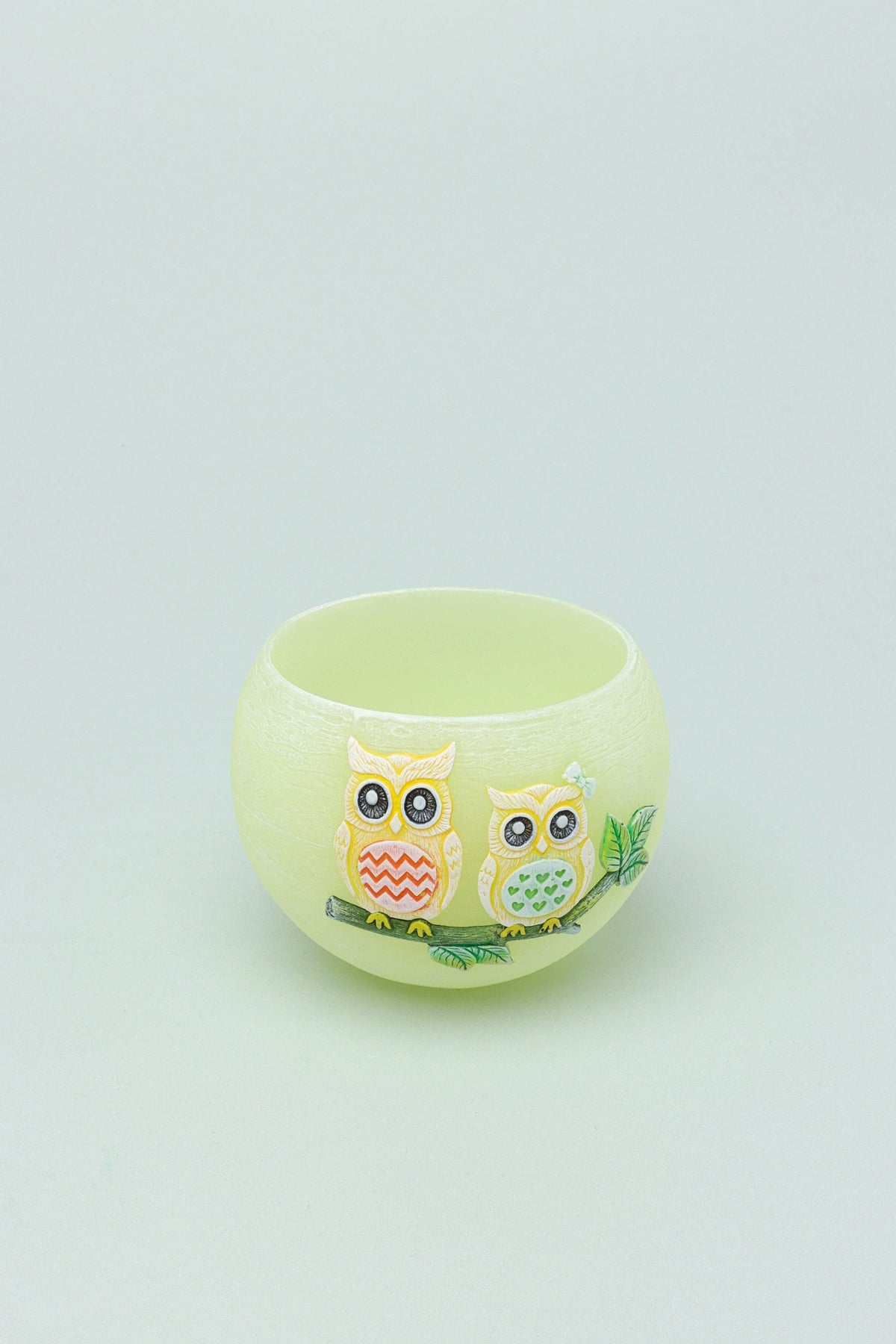 Hootique Owl Couple Tealight Holder in Yellow and Green — lifestyle view, G Decor