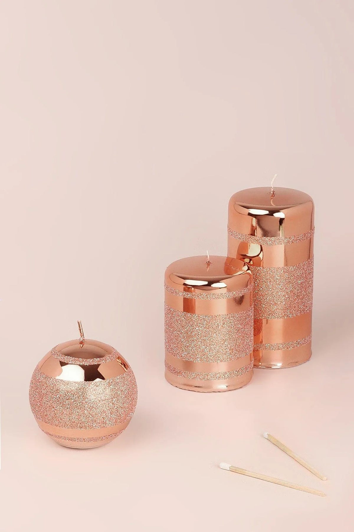 Clarae Mirror Glass Pillar and Ball Candles in Rose Gold Stripe Glitter — G Decor