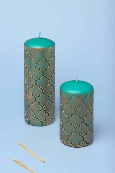 Moroccan Kanz Pressed Brass Lattice Pillar Candle in Emerald Green