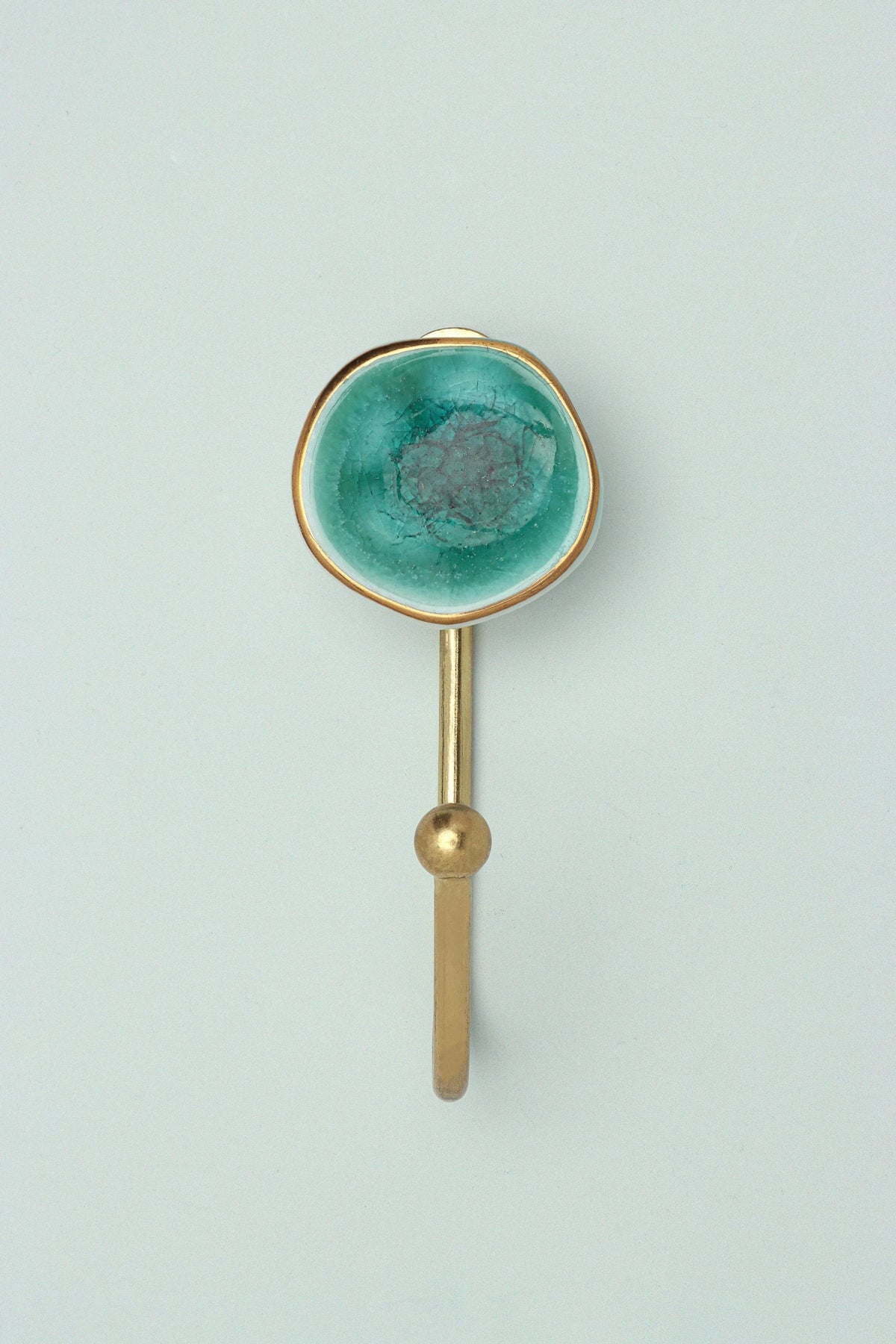 Rhodes crackle glaze wall hook close-up showing brass back plate — G Decor