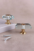 Octagon and rectangle clear glass cabinet knobs with their fixing screws
