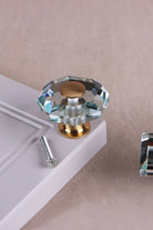 Octagon clear crystal glass cabinet knob, 40 x 40mm, on a satin brass base