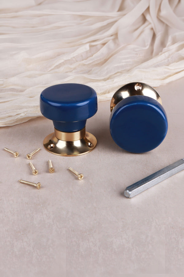 Navy Blue Ceramic Mortice Door Knobs with Polished Brass Roses