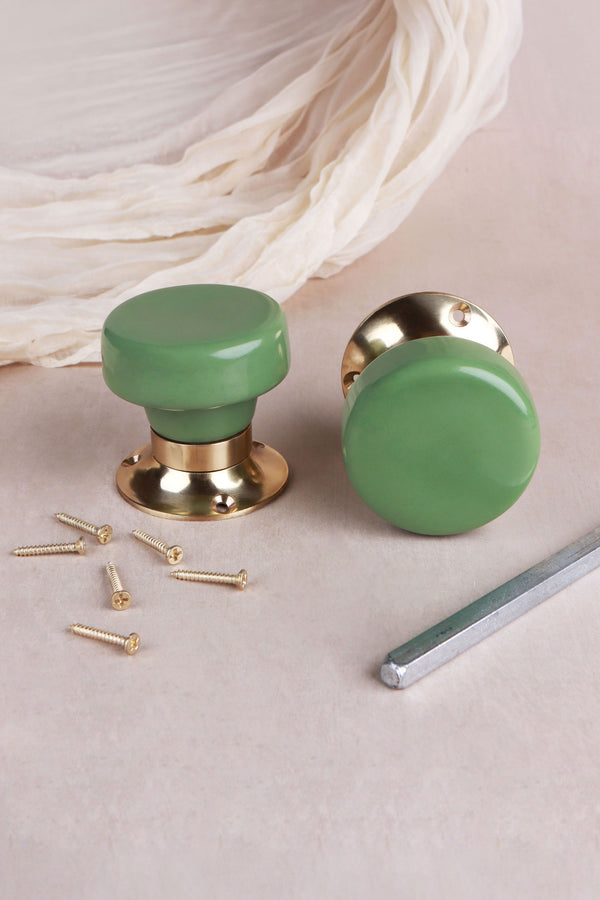 Sage Green Ceramic Mortice Door Knobs with Polished Brass Roses