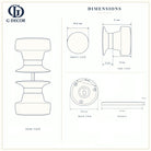 Size drawing of the flat ceramic mortice door knob: 62 mm knob, 61 mm from the door, 61 mm round rose with fixing holes 40 mm apart, 8 mm square spindle 128 mm long