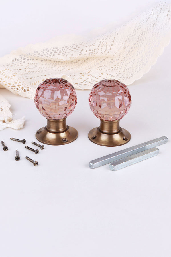 Blush Pink Faceted Glass Mortice Door Knobs with Antique Brass Roses