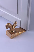 Antique Gold Squirrel Woodland Door Stopper — close-up view, G Decor