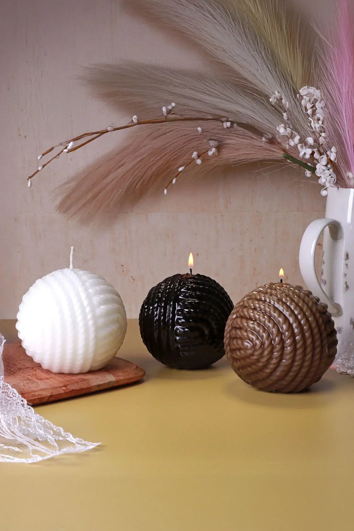 Grande Ripple Sphere Wool Candle Textured Wax Sculpture — G Decor