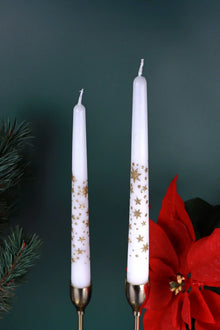 Starlit Pair of White Taper Candles with Gold Glitter Stars