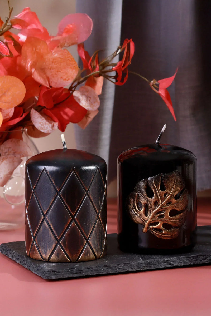 Gold Lattice Noir Bronze Monstera Relief Pillar Candle