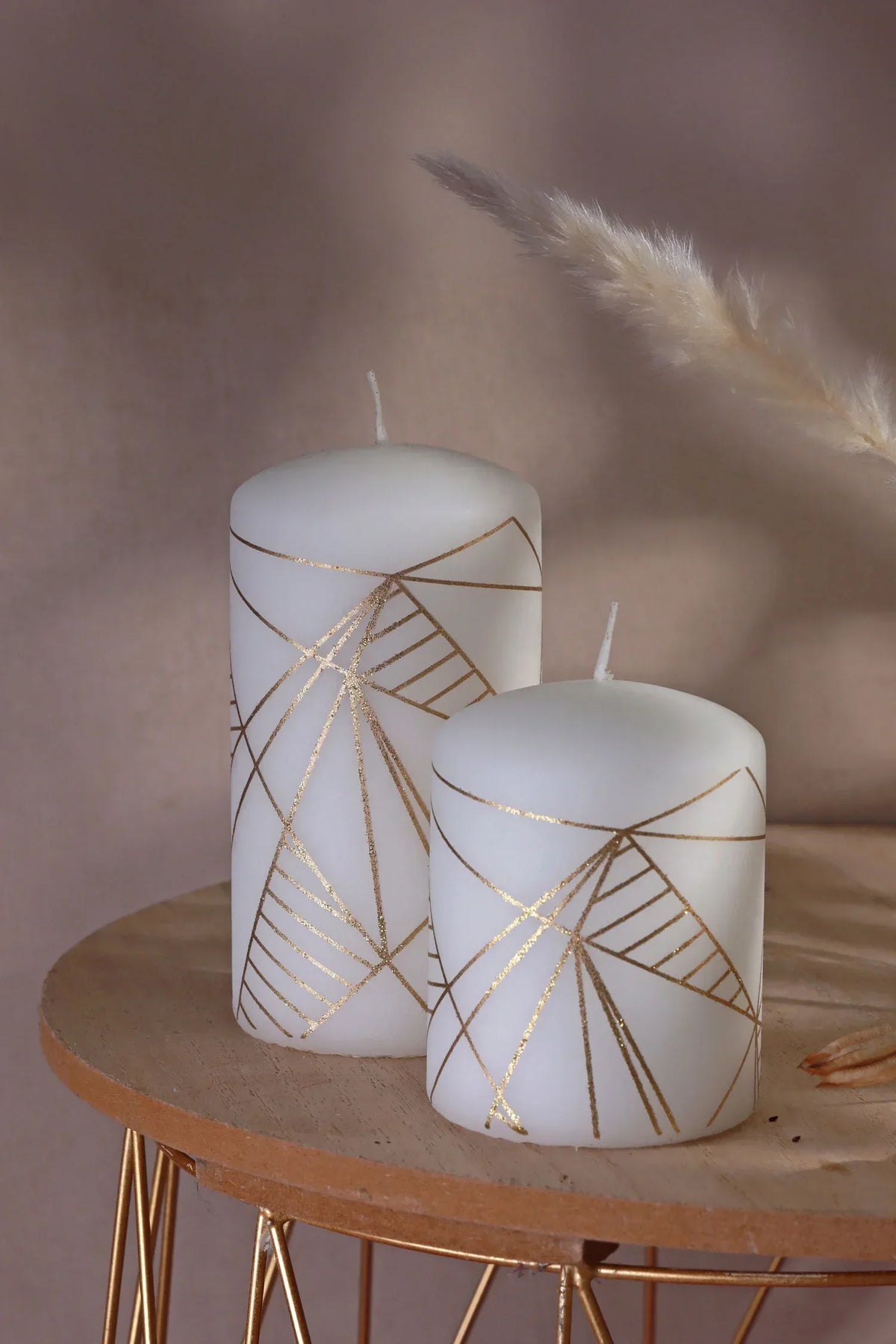 Modern White Pillar Candle with Gold Line Detail — G Decor