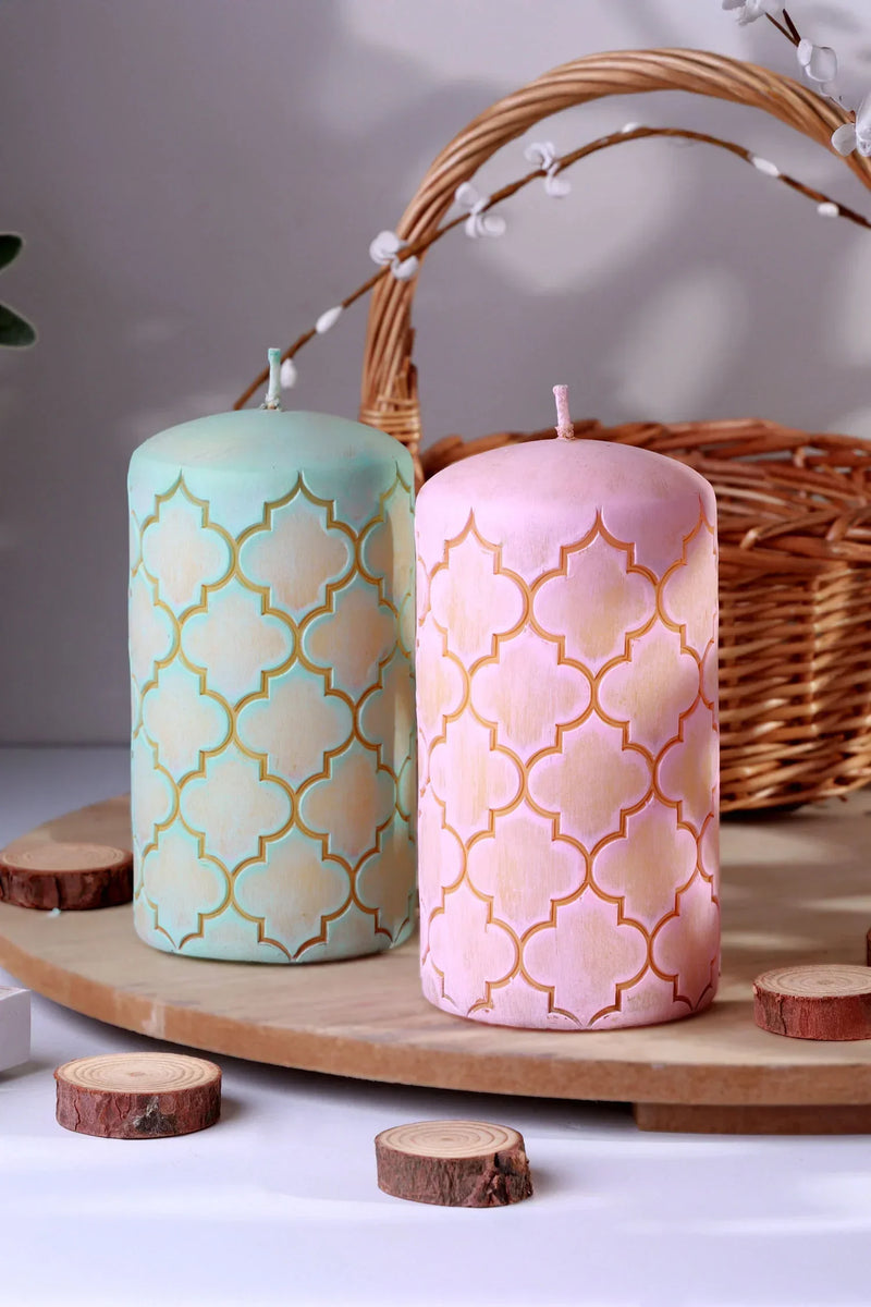 Moroccan Kanz Brass Lattice Pillar Candle — Blush Pink or Mint