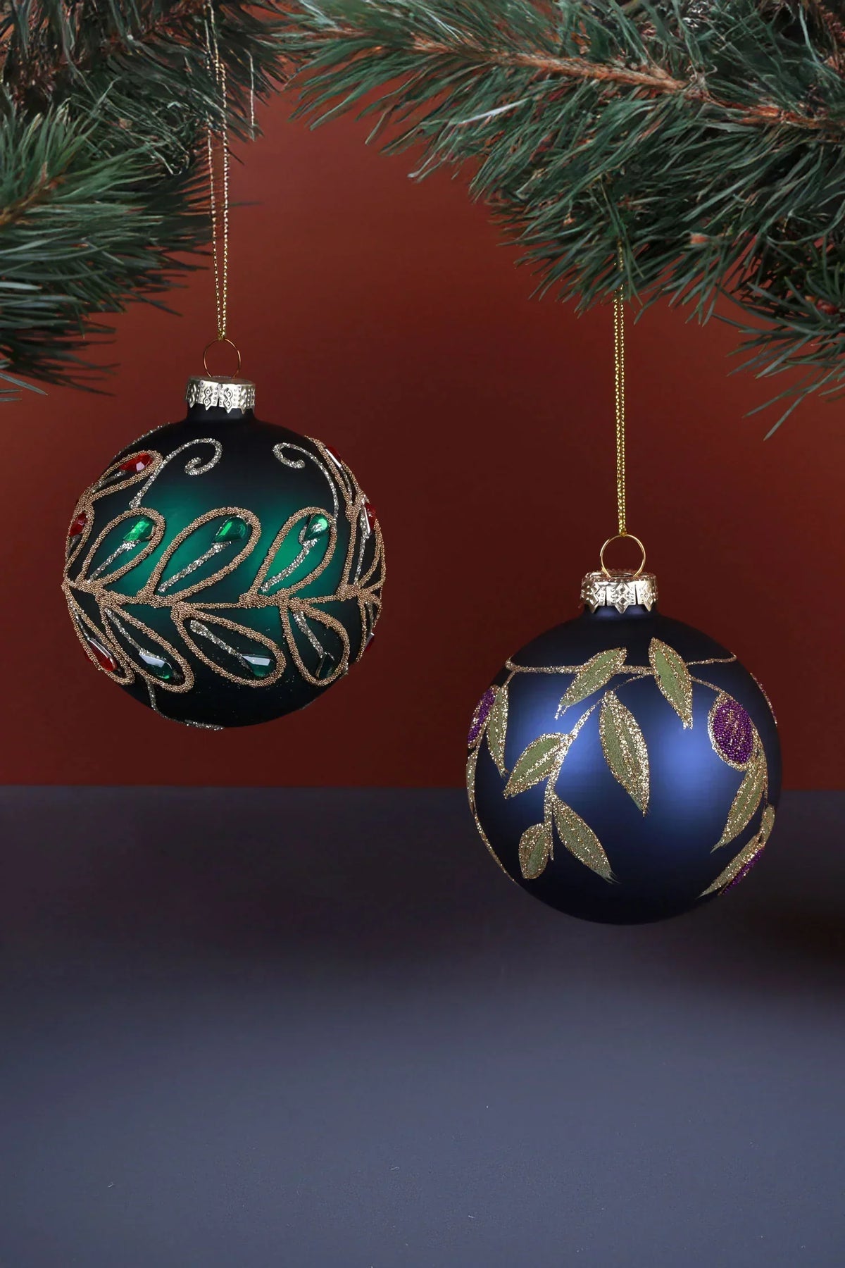 Hand-Painted Jewel Scrollwork Glass Christmas Bauble in Green or Deep Blue — G Decor