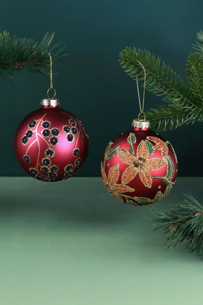 Hand-Painted Winter Berry or Poinsettia Glass Christmas Bauble