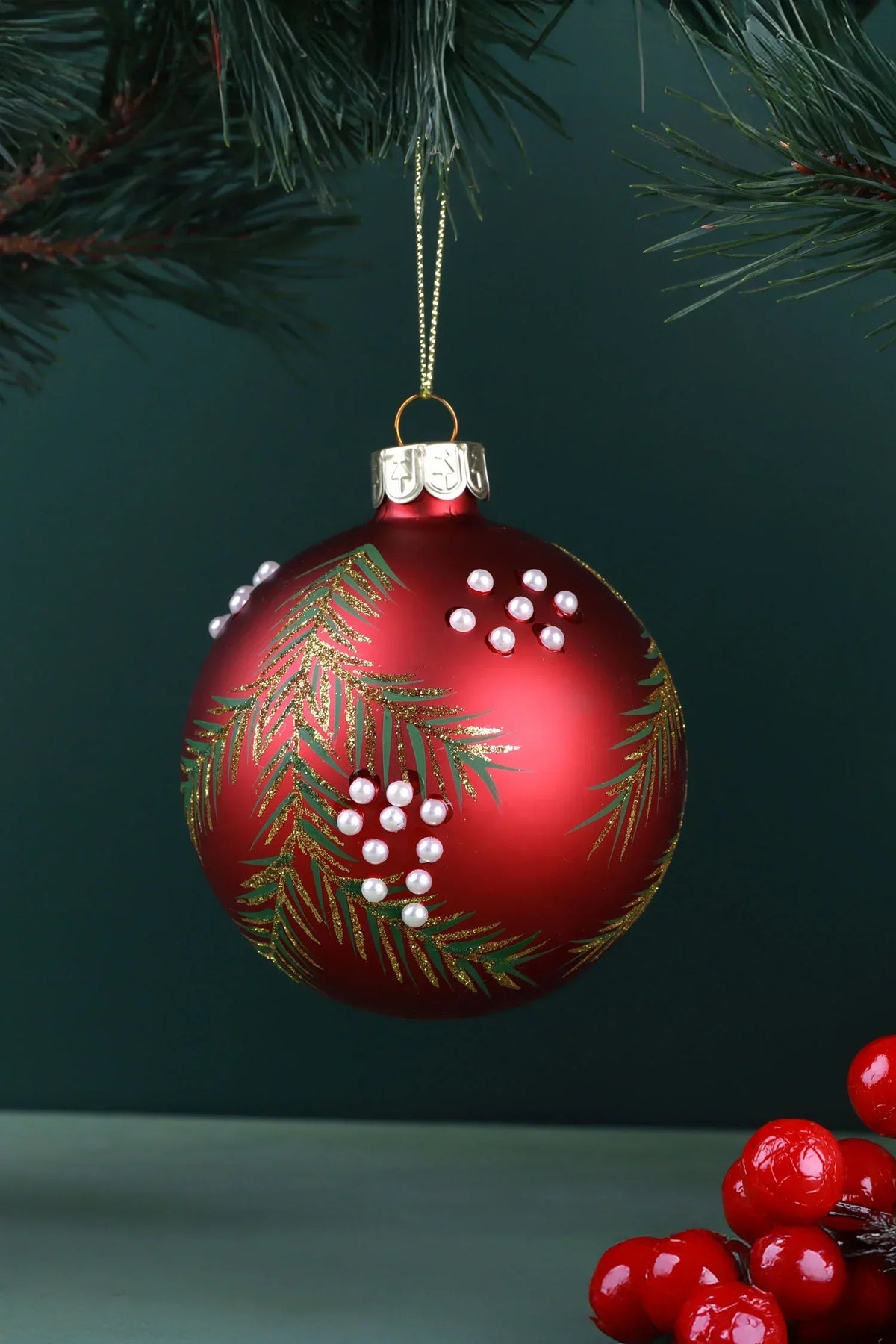 Hand-Painted Pine Branch and Pearl Berry Red Glass Christmas Bauble — G Decor