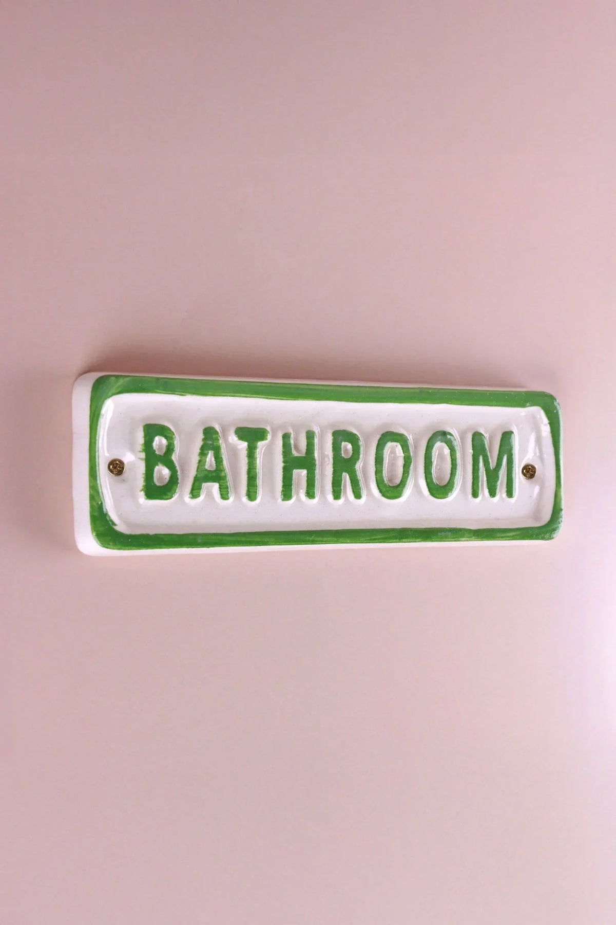 Rustic Ceramic Bathroom Door Plaque with Green Cottage Border — close-up view, G Decor