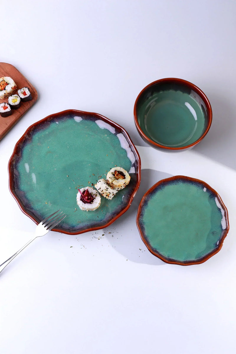 Viridia Stoneware Plates & Bowls in Green Glaze with Rustic Rim – Set of 12