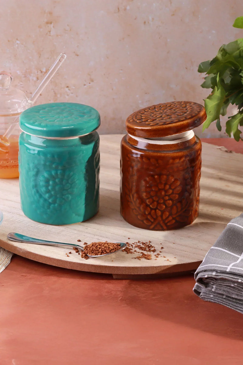 Embossed Bloom Handmade Ceramic Storage Jars with Floral Lids