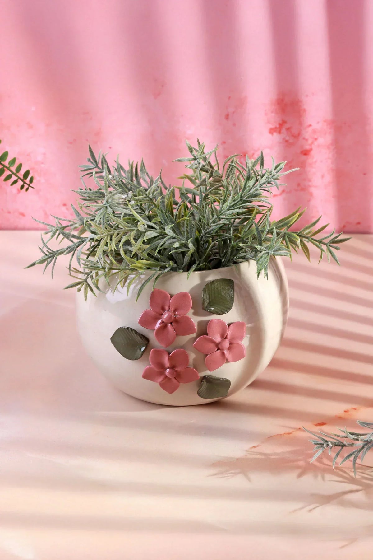 Floral Line Ceramic Planter with 3D Pink Flowers — G Decor