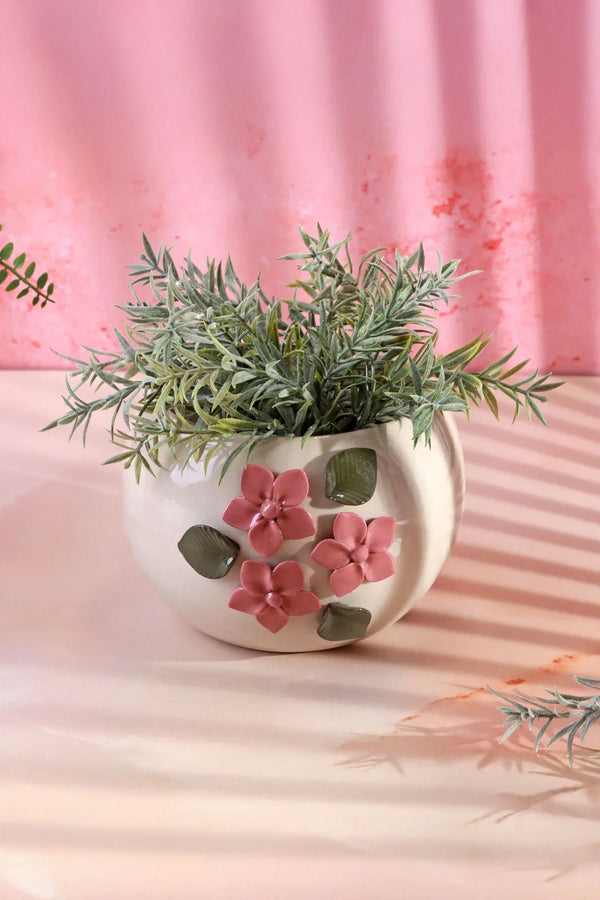 Floral Line Handcrafted Ceramic Planter with 3D Pink Flowers