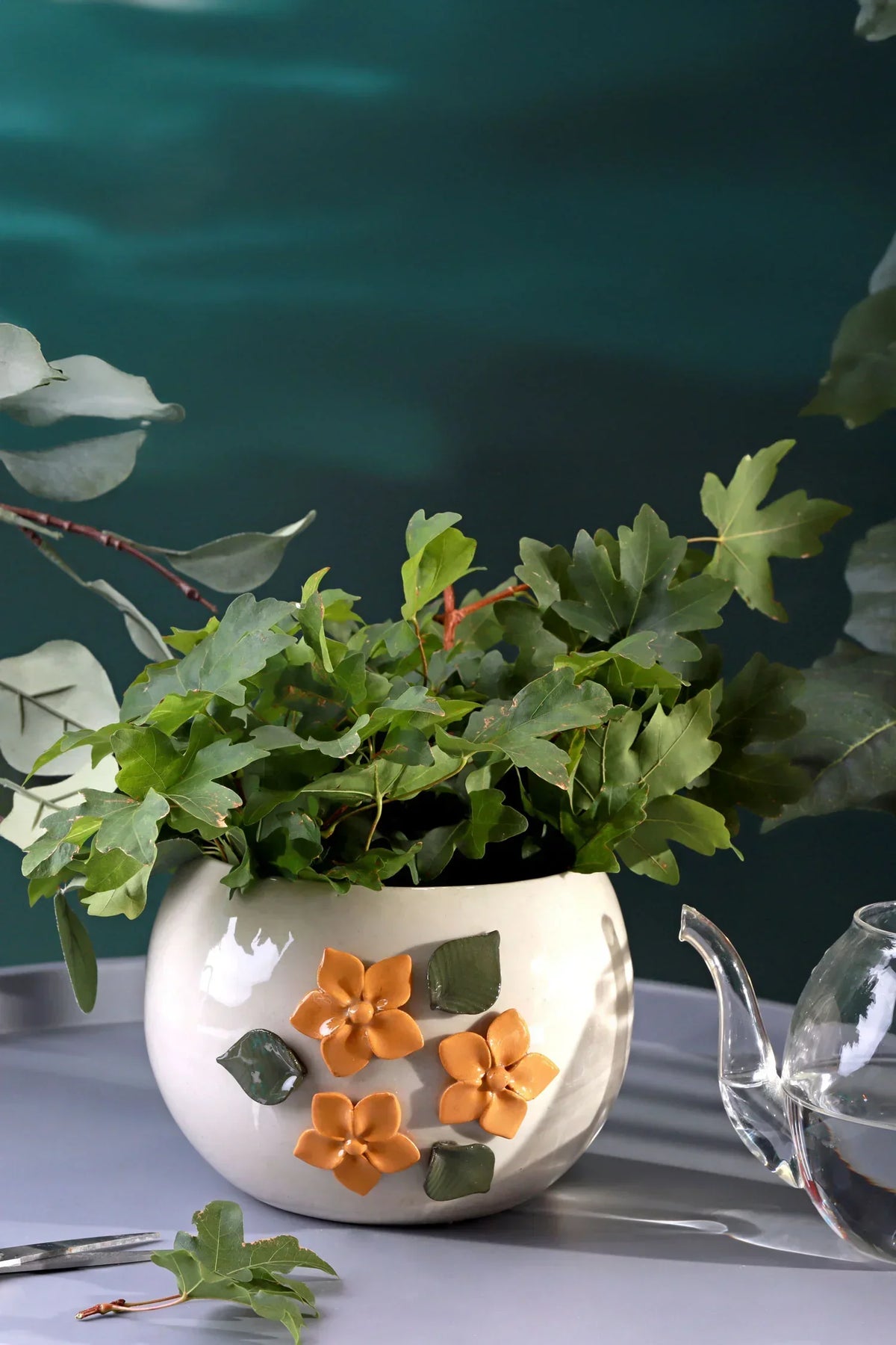Floral Line Ceramic Planter with 3D Sand Yellow Flowers — G Decor